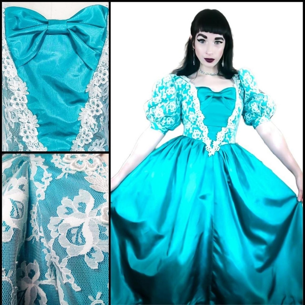 Vintage 1980s Puff Sleeve Teal Princess Southern Belle Formal A-Line Dress